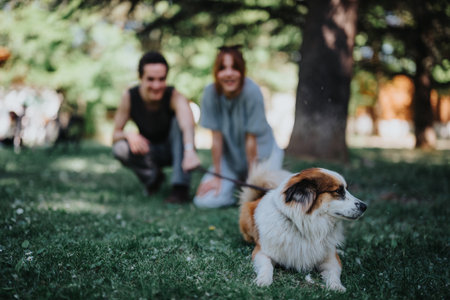 Joyful couple playing with their dog in a sunny park, enjoying a pleasant day outdoorsの写真素材