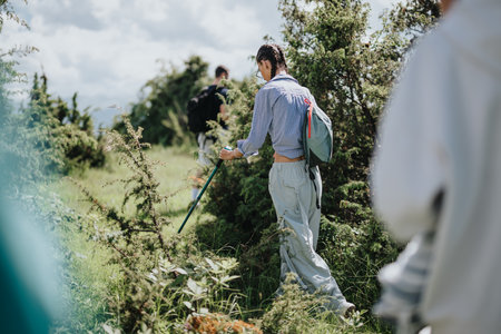 Group of friends hiking in sunny forest exploring nature and enjoying the outdoors