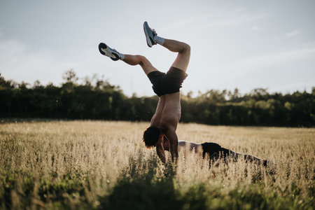 Athletic man performing a handstand outdoors in a sunny field