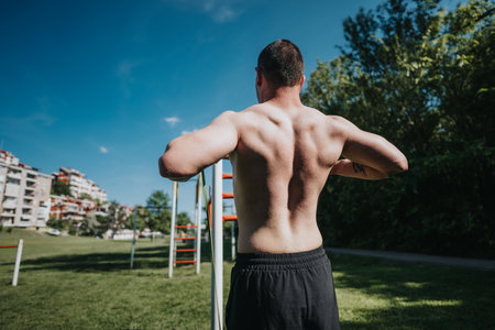 Back view of shirtless man exercising outdoors in park on sunny day