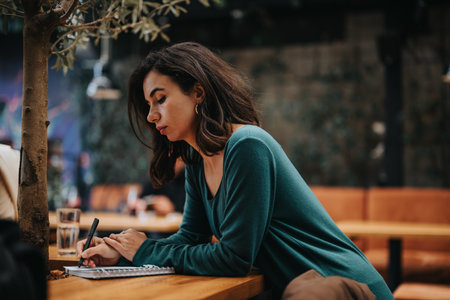 Focused female entrepreneur planning at an outdoor cafeの写真素材