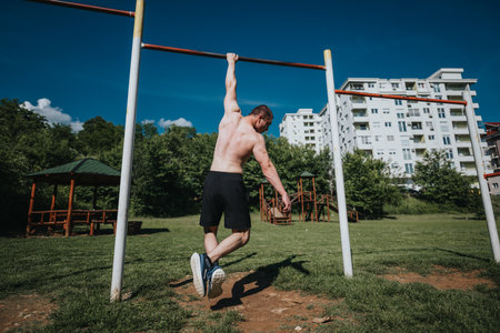 Man exercising on pull-up bar in urban park on a sunny dayの写真素材