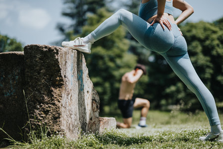 Outdoor fitness session with athletes performing warm-up exercises in a park