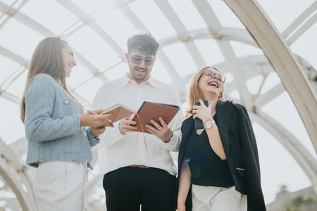 Cheerful business partners working together outdoors on a sunny dayの写真素材