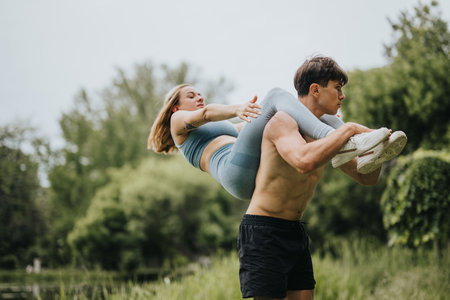 Female athlete doing abs exercises while sitting on boyfriends shoulders in a parkの写真素材