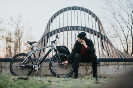 Young man takes a break with his bike in a serene park setting during sunsetの写真素材