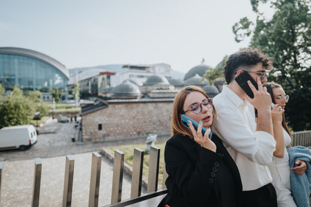 Business colleagues having a phone conversation outdoors in an urban setting