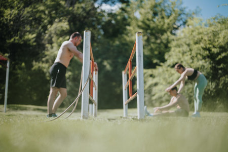 Athletes engaging in fitness activities in park under sunny weatherの写真素材