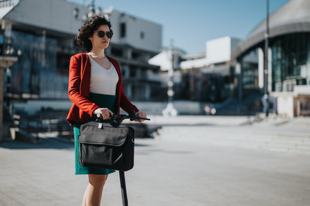 Professional woman with e-scooter in urban setting, geared for businessの写真素材