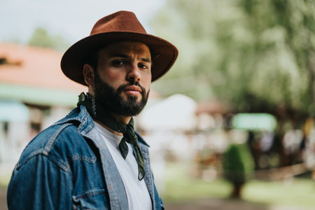 Man with beard and hat standing outdoors in ranch settingの写真素材