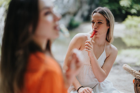 Two young women enjoying lollipops in a serene outdoor settingの写真素材