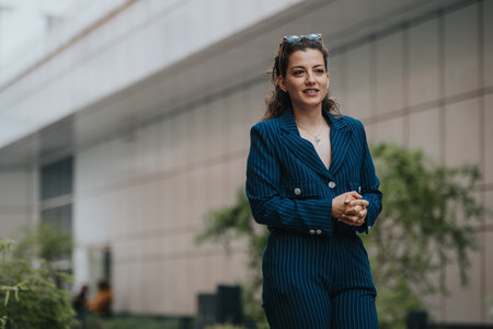 Confident businesswoman in striped suit walking outdoors in modern urban business districtの写真素材