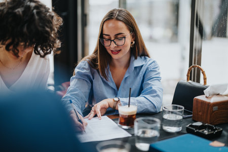 Business professionals discussing documents during a meeting at a cafe