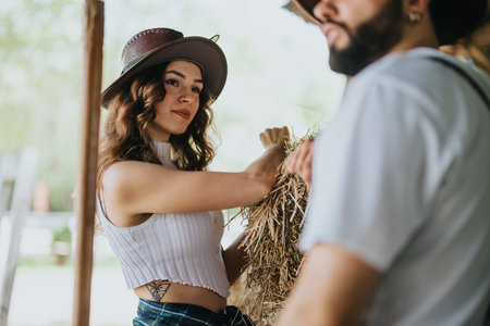 Young couple enjoying countryside life and working together on a farmの写真素材