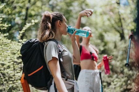 Female hikers taking a break and staying hydrated during a forest hike.