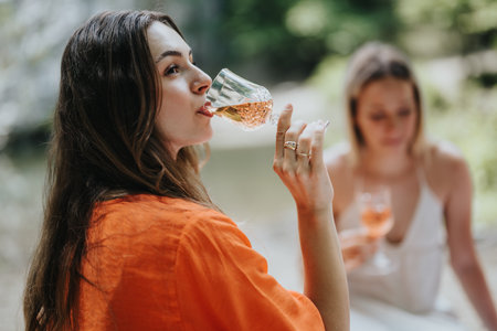 Two young women enjoying a relaxed outdoor gathering with drinks