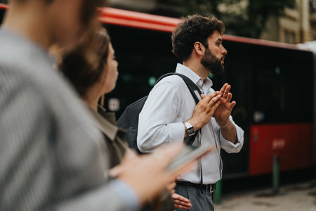 Young professionals having a casual conversation outdoors near a red busの写真素材