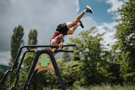 Fitness enthusiast performing calisthenics in a sunny park, showcasing strength and agilityの写真素材