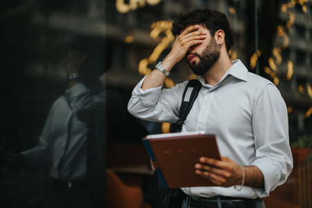 Stressed businessman outdoors holding notebook and covering face in frustration