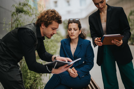 Focused business team collaborating outdoors with documents and tabletsの写真素材
