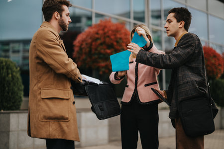 Business professionals discussing work outdoors near an office building