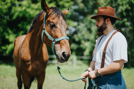 Man enjoying countryside life with a brown horse in a ranch setting