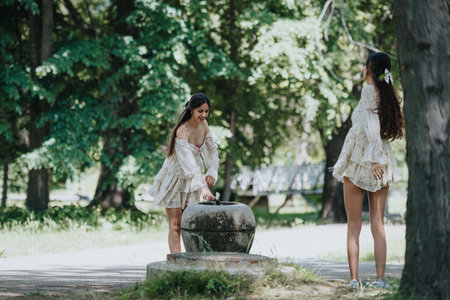 Carefree young women enjoying a sunny day in the park, symbolizing freedom and sisterhoodの写真素材