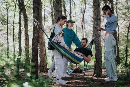 Group of friends enjoying outdoor forest adventure with hammock on a spring dayの写真素材