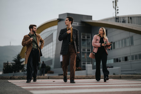 Professional team walking confidently in urban setting, discussing business outdoorsの写真素材