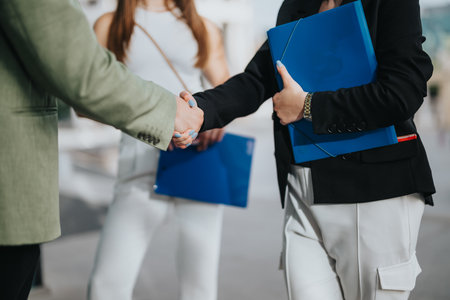Business professionals shaking hands during an outdoor meetingの写真素材
