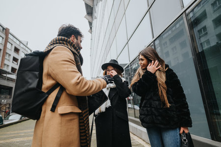 Winter business meeting. Young business teammates collaborating outdoors in snowy urban setting.の写真素材