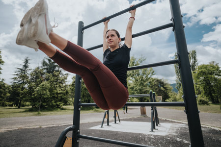 Young woman exercising on outdoor fitness equipment in a park