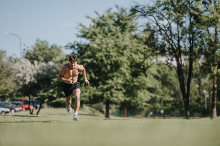 Athletic man running shirtless in urban park on a sunny dayの写真素材