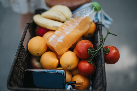 Close-up of a shopping basket filled with fresh fruits, vegetables, and a mobile phone