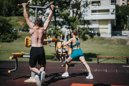 Outdoor exercise session with focused individuals working out on fitness equipment in the parkの写真素材