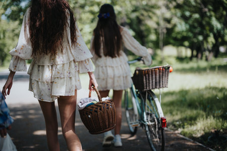 Young girls enjoying a sunny day together in a green park with bicyclesの写真素材