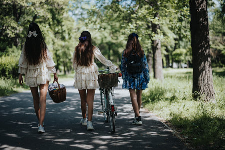 Young girls walking with bicycles in a lush green park, enjoying a sunny day togetherの写真素材