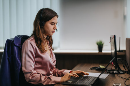 Focused female employee using computer and headset in office settingの写真素材