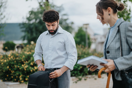Business professionals in outdoor meeting carrying notebooks and backpacks