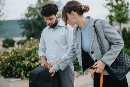 Young businessman and businesswoman discussing work outdoors while checking contents of backpackの写真素材
