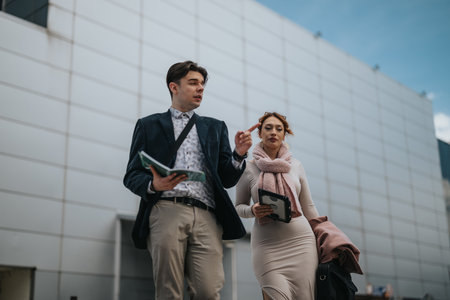 Young entrepreneurs discussing project strategies in an urban settingの写真素材