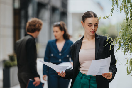Young businesswoman analyzing documents outside with colleagues in the backgroundの写真素材