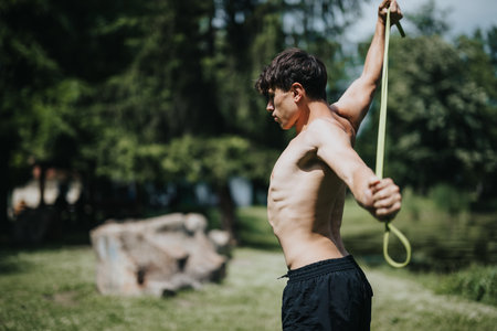 Young man exercising with resistance band outdoors in a park, focusing on flexibility and muscle...