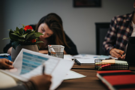 Focused team working in office setting on project strategies and ideasの写真素材