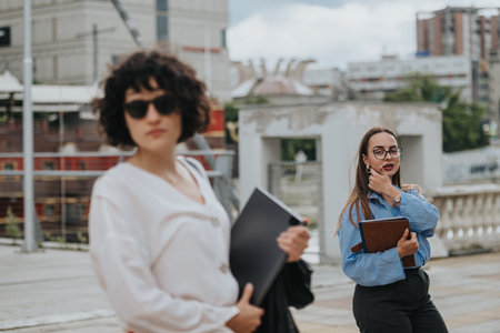 Two young women in urban setting, one holding a folder and the other holding a tabletの写真素材