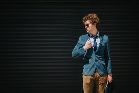 Young businessman in stylish attire pausing outside an urban building