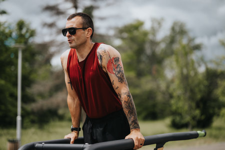 Fitness enthusiast exercising on a horizontal bar in an urban park settingの写真素材