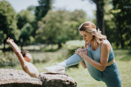 Woman doing stretching exercises in the park with a man in the background on a sunny day