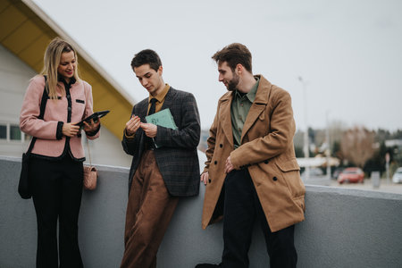 Young professionals having an outdoor meeting discussing marketing strategiesの写真素材