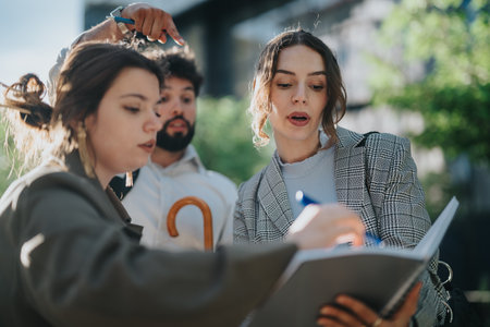 Young business associates brainstorming ideas and strategizing in an urban city area during a meetingの写真素材